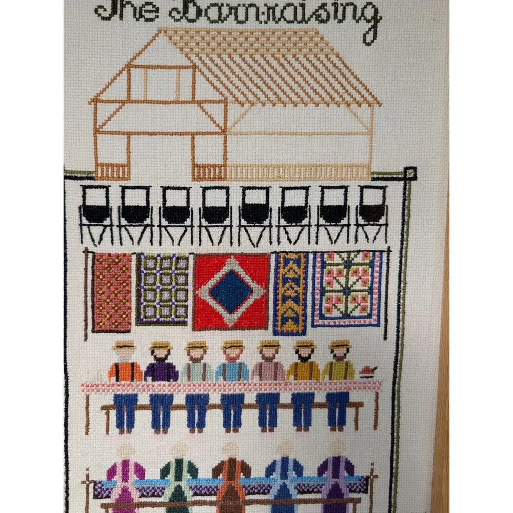 Vintage Barnraising Needlepoint Art Handcrafted Framed Cross Stitch Wall Decor - Picture 6 of 13